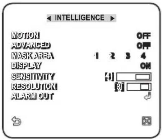 INTELLIGENCE MOTION ADVANCED MASK AREA DISPLAY SENSITIVITY RESOLUTION ALARM OUT OFF OFF 1 2 3 4 ON [+] [3]