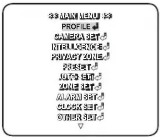 ** MAIN MENU ** PROFILE ↓ CAMERA SET ↻ NTELLIGENCE ↻ PRIVACY ZONE ↻ PRESET ↻ AUTO SET ↻ ZONE SET ↻ ALARM SET ↻ CLOCK SET ↻ OTHER SET ↻