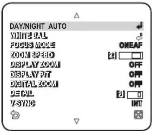 DAY/NIGHT AUTO WHITE BALL FOCUS MODE ZOOM SPEED DISPLAY ZOOM DISPLAY PIT DIGITAL ZOOM DETAIL V-SYNC OMEAF 21 OFF OFF OFF 21 INT
