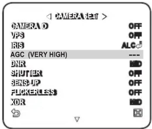 < CAMERA SET > CAMERA D OFF VPS OFF IRIS ALC AGC (VERY HIGH) --- DNR MD SHUTIER OFF SENS-UP OFF FLICKERLESS OFF XDR MD