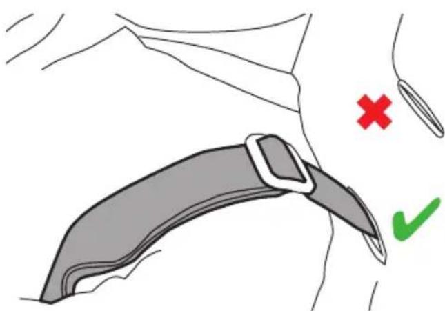 Diagram showing a belt buckle with red X and green ✓ symbols indicating correct and incorrect states, likely for safety or repair instructions.