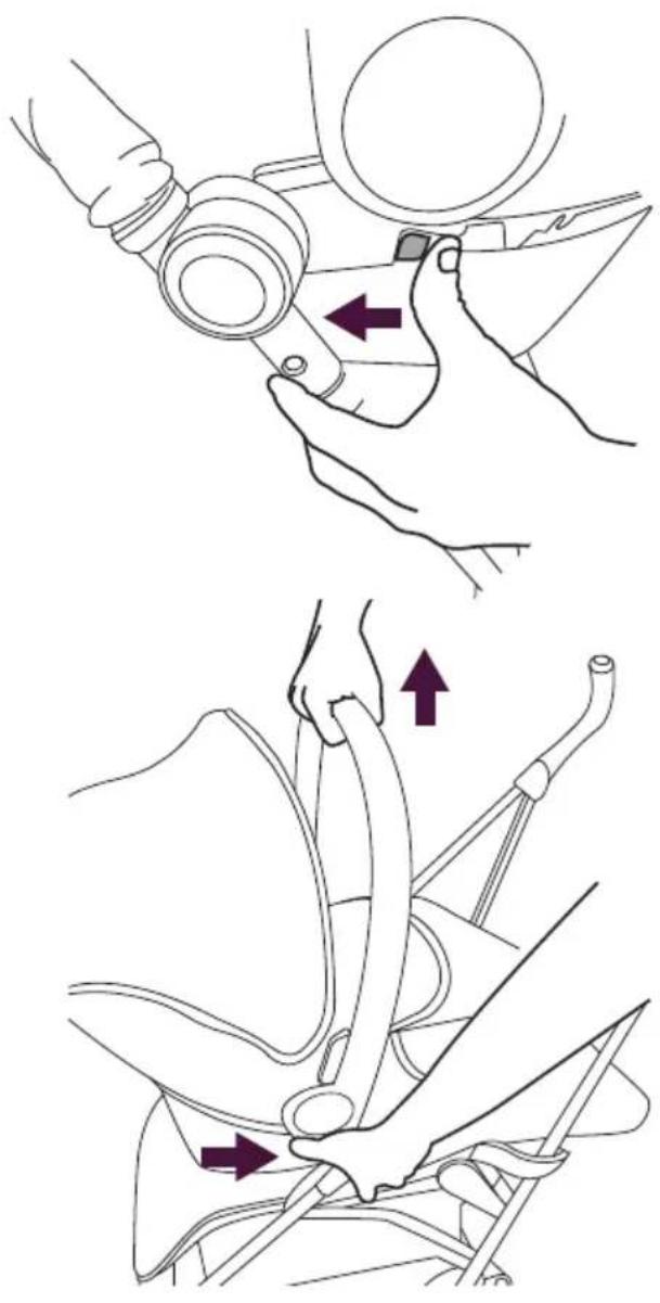 Technical diagram showing three-step mechanical assembly steps with directional arrows indicating movement or force directions.