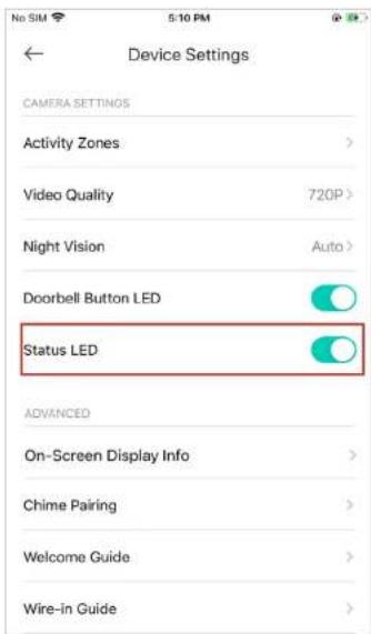 Device Settings CAMERA SETTINGS Activity Zones > Video Quality 720P > Night Vision Auto > Doorbell Button LED Status LED ADVANCED On-Screen Display Info > Chime Pairing > Welcome Guide > Wire-in Guide >