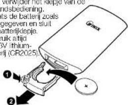 Groux 1 2 verwijder het klepe van de ndsbedenling. ts de batterij zoals gegeven en sluit batterijklepe. ruk altijd BV lithium- rij (CR2025).