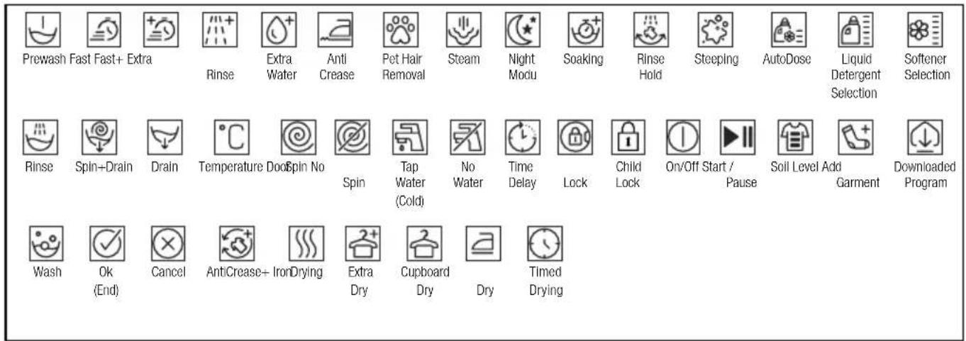 Prewash Fast Fast+ Extra Rinse Extra Water Anti Crease Pet Hair Removal Steam Night Modu Soaking Rinse Hold Steeping AutoDose Liquid Detergent Selection Softener Selection Rinse Spin+Drain Drain Temperature Door Spin No Spin Tap Water (Cold) No Water Time Delay Lock Child Lock On/Off Start / Pause Soil Level Add Garment Downloaded Program Wash Ok Cancel AntiCrease+ Iron Drying Extra Dry Cupboard Dry Timed Drying