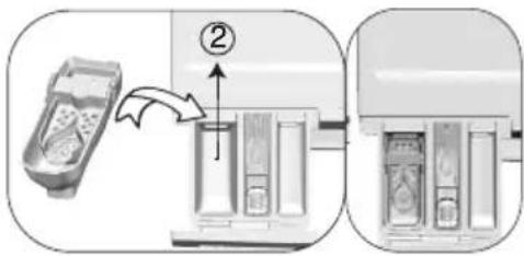 Diagram showing a device being processed into a rack with labeled component ②, including a magnified view of the rack.