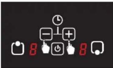 Control panel interface with icons for timer, minus sign, plus sign, and function buttons including play, power, and reset.