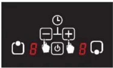 Control panel interface with icons for timer, minus sign, plus/minus, battery, and switch, displaying '8' status indicators