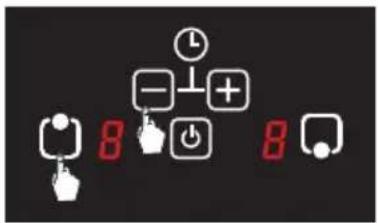 Digital display showing icons for alarm, power, and function buttons with red '8' labels