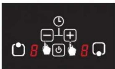 Digital display panel with icons for time, battery, and function buttons, showing red numeric values 8