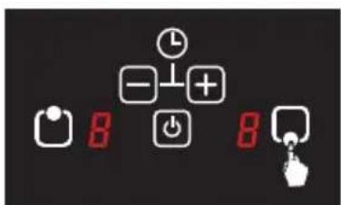 Digital display showing control icons including timer, minus sign, plus sign, battery, power, and hand cursor with red '8' labels