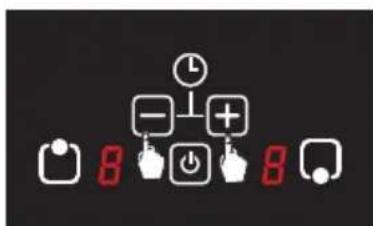 Digital display control icons including clock, minus sign, plus sign, battery, and function buttons with red numeric values