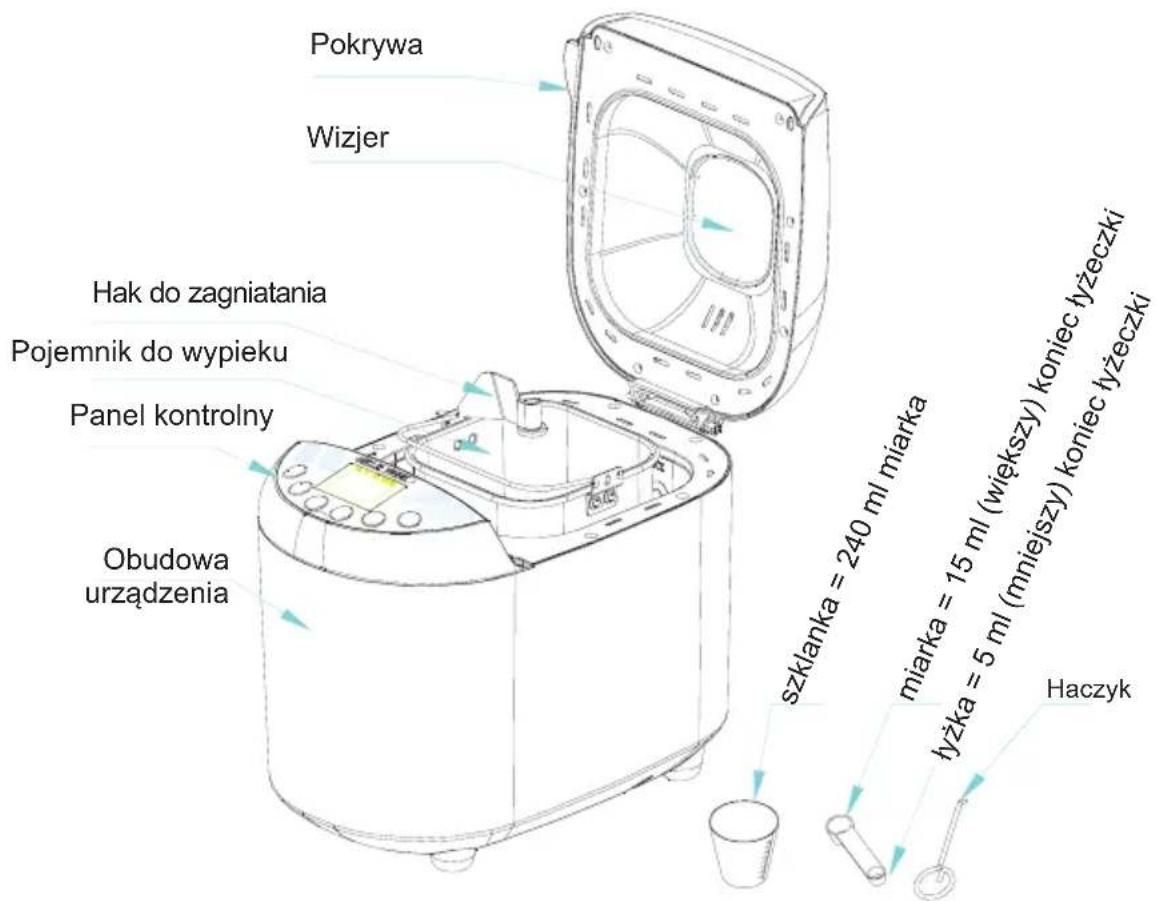 Pokrywa Wizjer Hak do zagniatania Pojemnik do wypieku Panel kontrolny Obudowa urządzenia szklanka = 240 ml miarka miarka = 15 ml (większy) koniec łyżeczki łyżka = 5 ml (mniejszy) koniec łyżeczki Haczyk