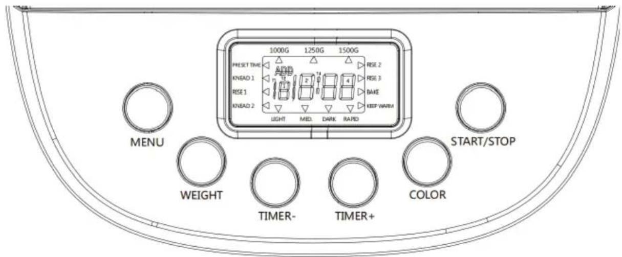 1000G 1250G 1500G PRESET TIME KNEAD 1 RISE 1 KNEAD 2 LIGHT MID DARK RAPID RISE 2 RISE 3 DAKE KEEP WARM START/STOP MENU WEIGHT TIMER- TIMER+ COLOR