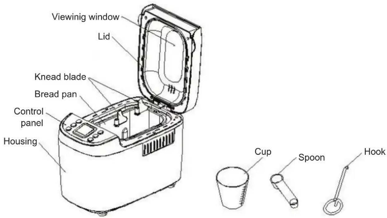 Viewing window Lid Knead blade Bread pan Control panel Housing Cup Spoon Hook