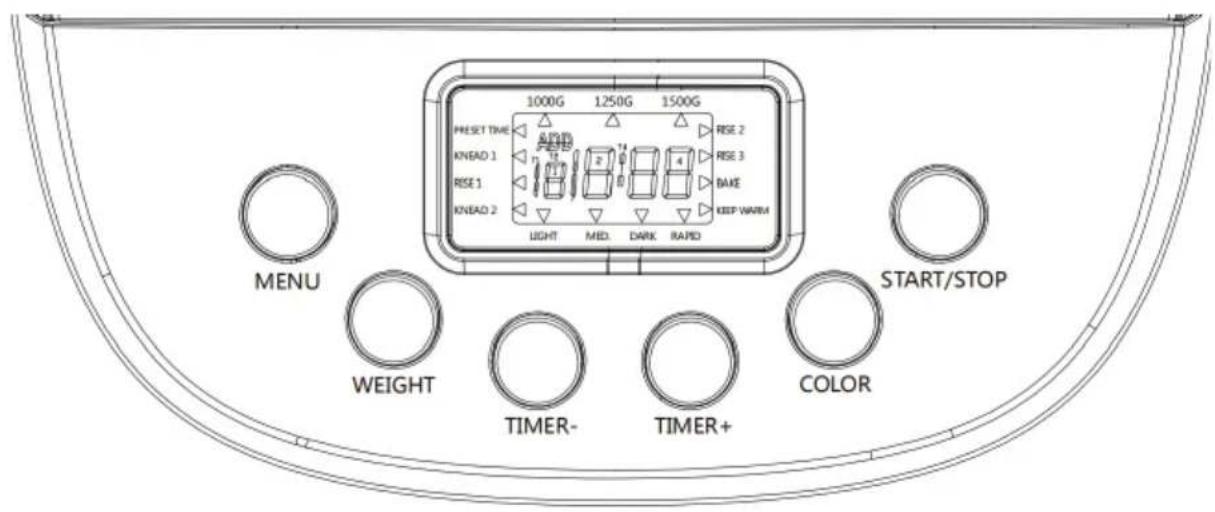 1000G 1250G 1500G Preset time KNEAD 1 RISE 2 RISE 3 BASE KNEAD 2 LIGHT MID DARK RAPID KEEP WARM START/STOP MENU WEIGHT TIMER- TIMER+ COLOR