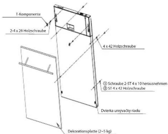 T-Komponente 2-4 x 26 Holzschraube 4 x 42 Holzschraube ① Schraube 2-ST 4 x 10 herausnehmen ② ST 4 x 42 Holzschraube Dvierka umyvačky riadu Dekorationsplatte (2~5 kg)