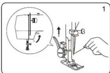 Diagram illustrating sewing machine operation with labeled parts and directional arrows