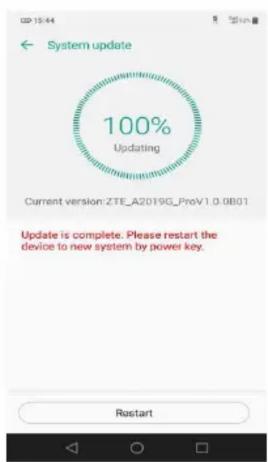 System update 100% Updating Current version: ZTE_A2019G_ProV.1.0.0801 Update is complete. Please restart the device to new system by power key. Rastart