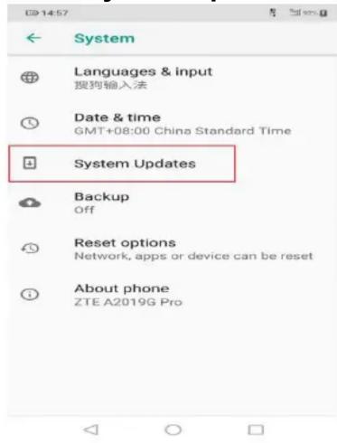 System Languages & input 搜狗输入法 Date & time GMT+08:00 China Standard Time System Updates Backup Off Reset options Network, apps or device can be reset About phone ZTE A2019G Pro