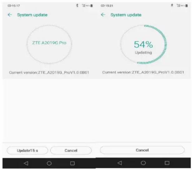 System update ZTE A2019G Pro Current version:ZTE_A2019G_ProV1.0.0B01 System update 54% Updating Current version:ZTE_A2019G_ProV1.0.0B01 Update15 s Cancel Cancel