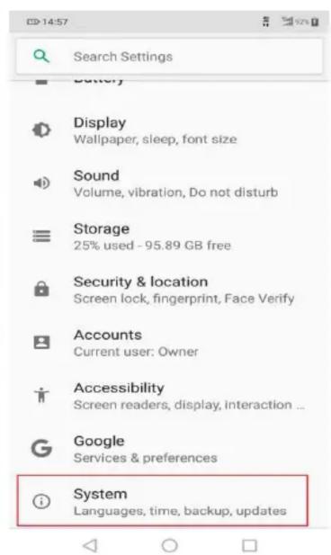 Search Settings Battery Display Wallpaper, sleep, font size Sound Volume, vibration, Do not disturb Storage 25% used - 95.89 GB free Security & location Screen lock, fingerprint, Face Verify Accounts Current user: Owner Accessibility Screen readers, display, interaction ... Google Services & preferences System Languages, time, backup, updates