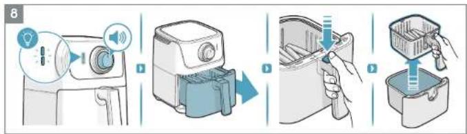 Illustration showing four-step food cleaning procedure: washing machine, cooking pan, cleaning bowl, and packaging container.