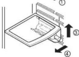 Diagram of a kitchen appliance with numbered parts and directional arrows indicating assembly or movement.