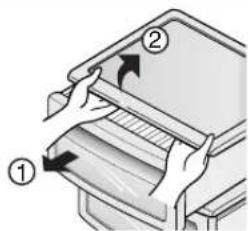 Diagram showing two labeled steps of a mechanical or electronic component with arrows indicating direction or movement.