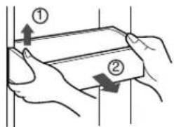 Diagram showing two hands holding a rectangular object with directional arrows and numbered labels ① and ②