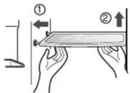 Diagram showing two hands holding a rectangular object with labeled parts and directional arrows indicating movement or force.