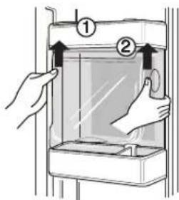 Diagram showing hand positioning of a device with labeled parts ① and ②, likely illustrating a step in cleaning or installation.