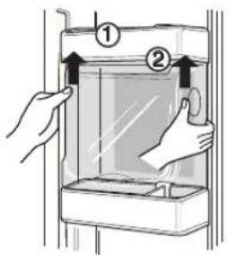 Diagram showing two hands operating a transparent container with labeled parts, likely illustrating a procedure or installation.