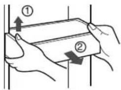 Diagram showing two hands holding a rectangular object with directional arrows labeled ① and ②, likely illustrating a physical or mechanical process.