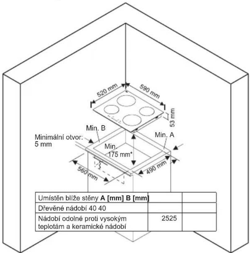 520 mm 590 mm 53 mm Min. B Min. A Minimální otvor: 5 mm 175 mm* 490 mm 560 mm Umístěn blíže stěny A [mm] B [mm] Dřevěné nádobí 40 40 Nádobí odolné proti vysokým teplotám a keramické nádobí 2525