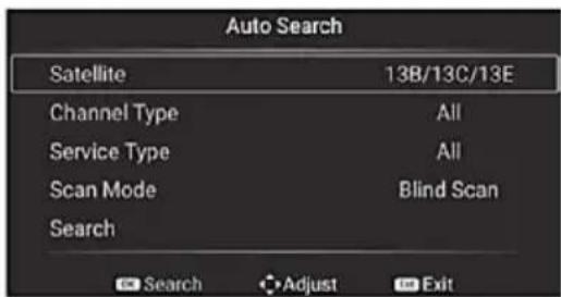 Auto Search Satellite 13B/13C/13E Channel Type All Service Type All Scan Mode Blind Scan Search Search Adjust Exit
