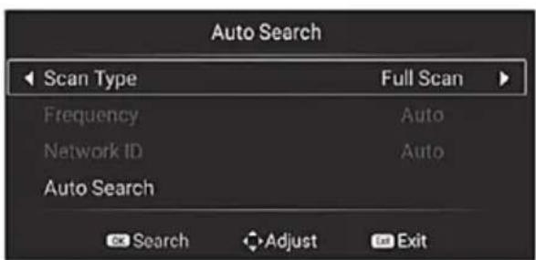 Auto Search Scan Type Full Scan Frequency Auto Network ID Auto Auto Search Search Adjust Exit