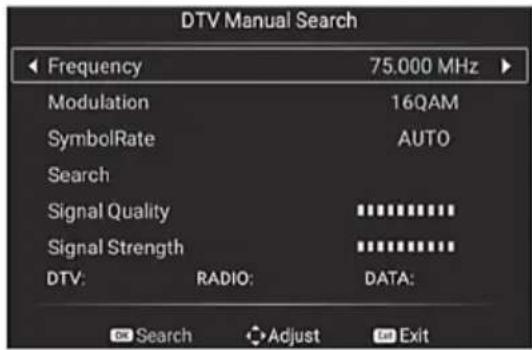 DTV Manual Search Frequency 75.000 MHz Modulation 16QAM SymbolRate AUTO Search Signal Quality ********** Signal Strength ********** DTV: RADIO: DATA: Search Adjust Exit
