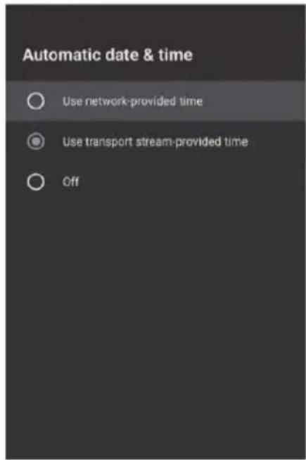 Automatic date & time Use network-provided time Use transport stream-provided time Off