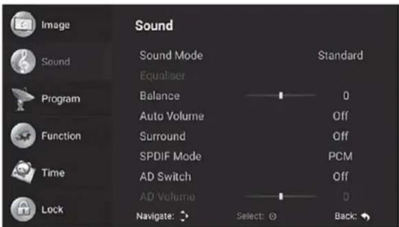 Sound Sound Mode Equaliser Balance Auto Volume Surround SPDIF Mode AD Switch AD Volume Navigate: Select: Back: Standard 0 Off Off PCM Off 0 Back