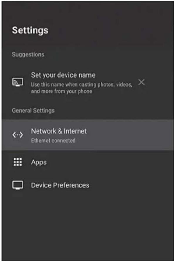 Settings Suggestions Set your device name Use this name when casting photos, videos, and more from your phone General Settings Network & Internet Ethernet connected Apps Device Preferences