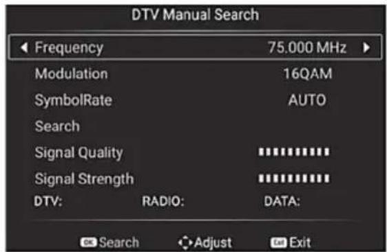 DTV Manual Search Frequency 75.000 MHz Modulation 16QAM SymbolRate AUTO Search Signal Quality ********** Signal Strength ********** DTV: RADIO: DATA: Search Adjust Exit
