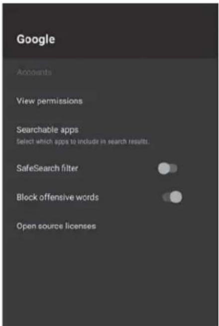 Google Accounts View permissions Searchable apps Select which apps to include in search results. SafeSearch filter Block offensive words Open source licenses