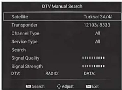 DTV Manual Search Satellite Turksat 3A/4/ Transponder 12103/ 8333 Channel Type All Service Type All Search Signal Quality ********** Signal Strength ********** DTV: RADIO: DATA: Search Adjust Exit