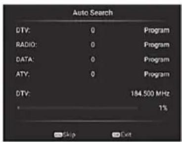 Auto Search DTV: 0 Program RADIO: 0 Program DATA: 0 Program ATY: 0 Program DTV: 184.500 MHz 1% Skip Exit