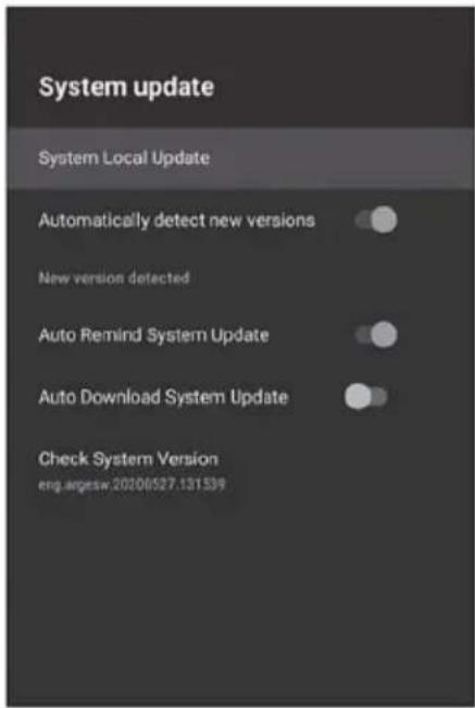 System update System Local Update Automatically detect new versions New version detected Auto Remind System Update Auto Download System Update Check System Version eng.argsw.20206527.131539