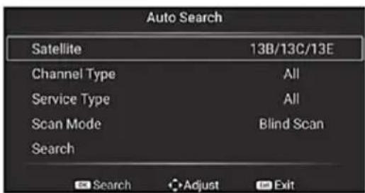 Auto Search Satellite 13B/13C/13E Channel Type All Service Type All Scan Mode Blind Scan Search Search Adjust Exit