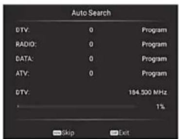 Auto Search DTV: 0 Program RADIO: 0 Program DATA: 0 Program ATV: 0 Program DTV: 184.500 MHz 1% Skip Exit