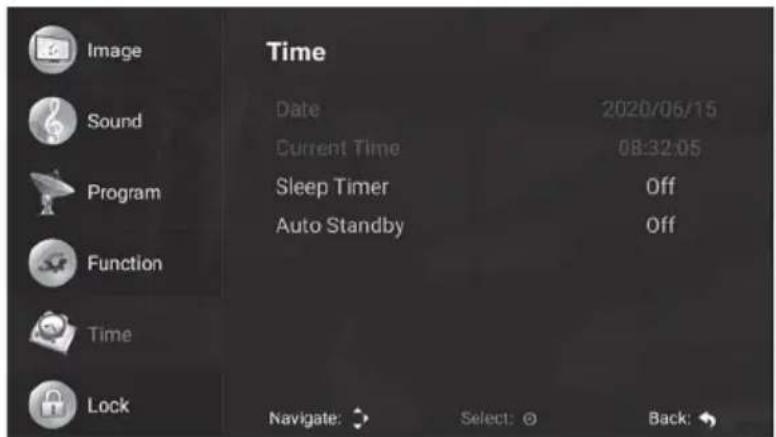 Image Sound Program Function Time Lock Time Date 2020/06/15 Current Time 08:32:05 Sleep Timer Off Auto Standby Off Navigate: Select: 0 Back: