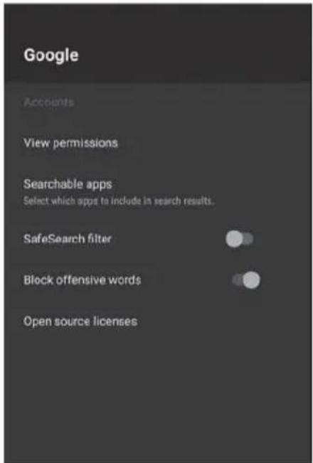 Google Accounts View permissions Searchable apps Select which apps to include in search results. SafeSearch filter Block offensive words Open source licenses